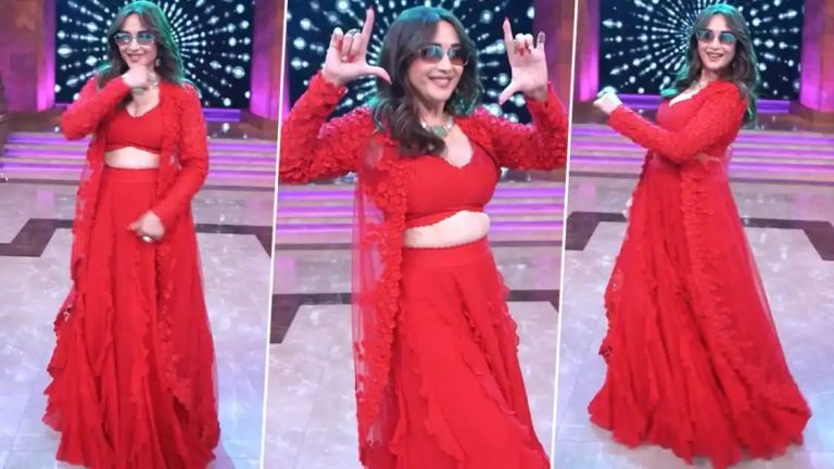 Madhuri Dixit Stuns in Red Lehenga, Sets the Floor on Fire With ‘Gulabi Sadi’ Dance Moves! (Watch Video)