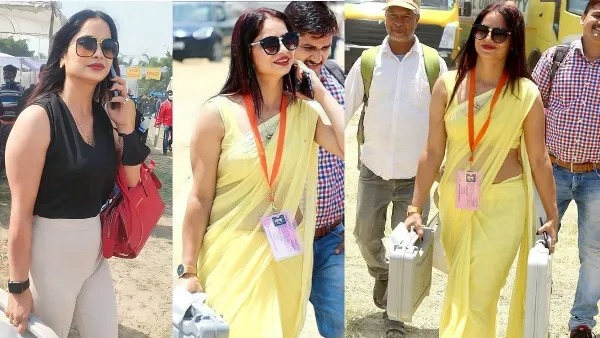 Then the beautiful polling officer in yellow saree was seen in black dress