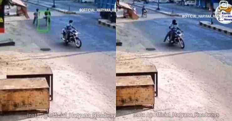 Alert Haryana Transport Bus Driver Deliberately Crashes Into Chain Snatchers On Motorcycle: Video Goes Viral