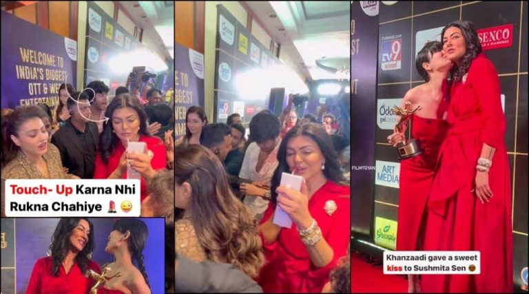 “What happened to her face?:” Fans react to Sushmita Sen applying lip gloss, hugging Kajol at digital awards