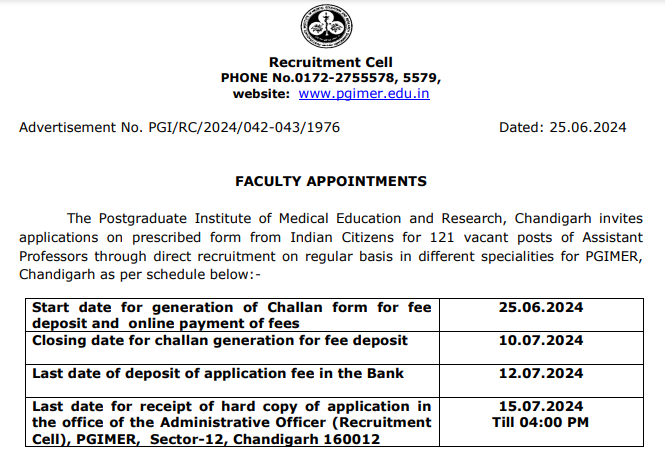 Recruitment for 121 posts of Assistant Professor