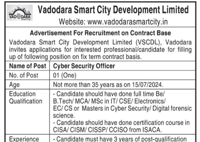 Recruitment for the post of Cyber ​​Security Officer in Vadodara